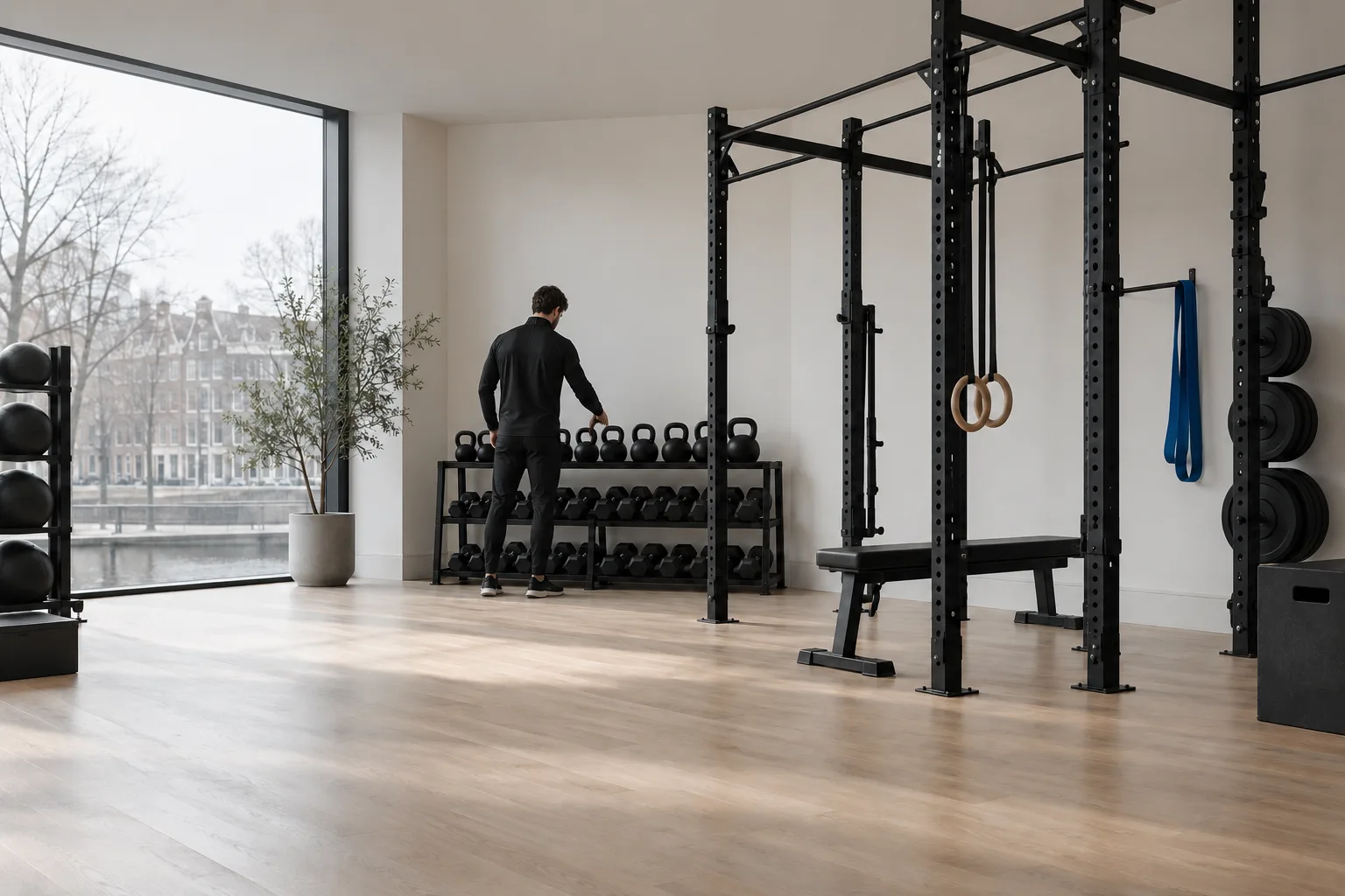 Lege trainingsvloer van een boutique-fitnessstudio in de vroege ochtend